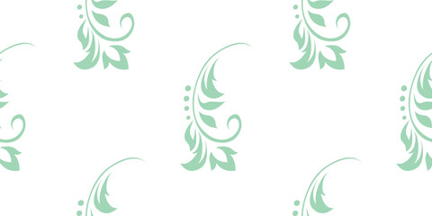 Vintage seamless plant pattern of light green stylized stems, leaves and curls on white background. Retro style. Vector backdrop, texture for victorian wallpapers, wrapping paper, fabric
