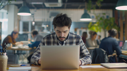 Obraz premium Focused man working intently at his laptop in a busy office environment.
