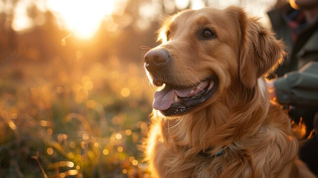 dog obedience training, enthusiastic dog trainer instructing a lively golden retriever in obedience at a sunny park