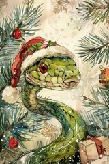 Green snake wearing a Santa hat, in front of a Christmas tree, watercolor background with snowflakes.