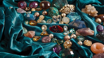 Dazzling gemstones arranged on a teal velvet cloth, shimmering with opulence.