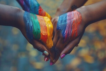 The image captures two hands with rainbow-colored paint forming a heart shape, symbolizing unity and diversity