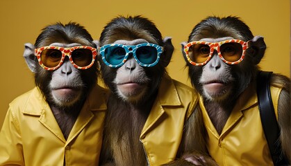 A group of monkey in yellow suits and sunglasses. Studio photo