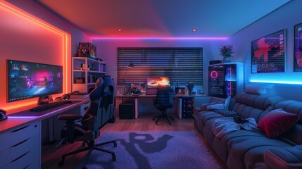 Futuristic Teenagers Gaming Setup in Cozy Room with Colorful LED Lighting. Generative ai