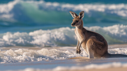Obraz premium A single kangaroo sits by the edge of the sea foam, looking serene against the ocean waves