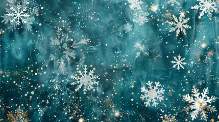 Delicate snowflakes gently falling over a festive teal backdrop, evoking a sense of winter...