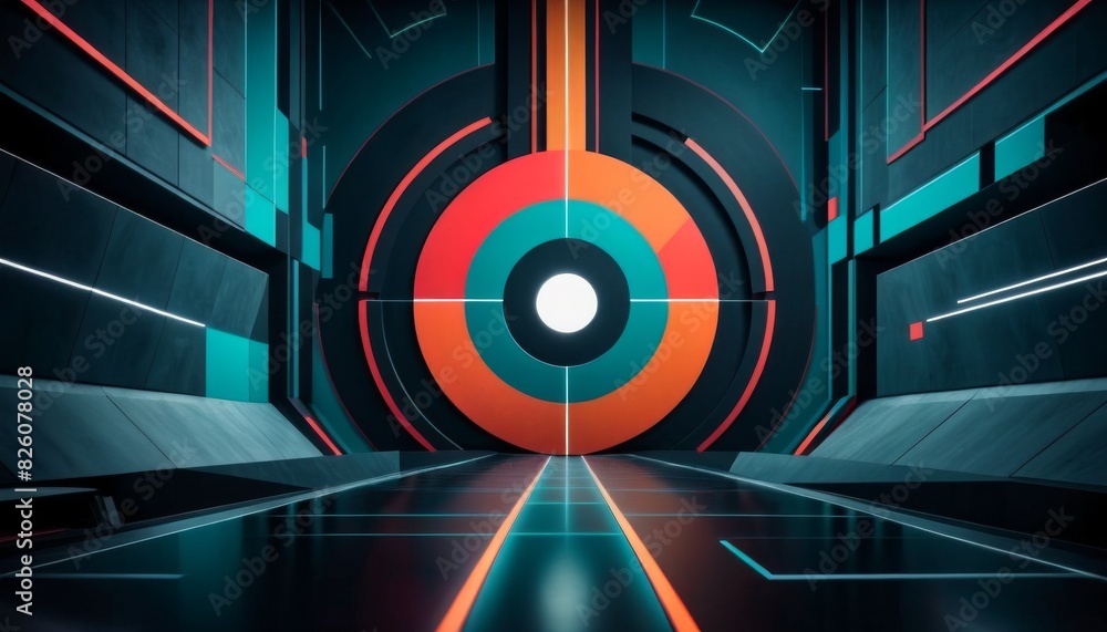Poster a futuristic tunnel with glowing neon rings and a central perspective leading to a white orb, depict