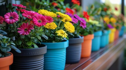 Fototapeta premium balcony displays organized with vibrant flower pots, showcasing urban gardening theme alongside miniature garden tools