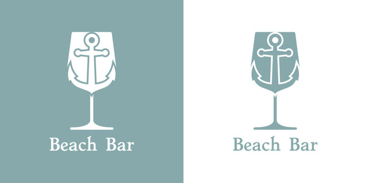 Logo beach bar. Silueta de copa de vino o bebida alcoh&oacute;lica con ancla de barco