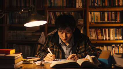 Student immersed in studies surrounded by books under warm lamp light.