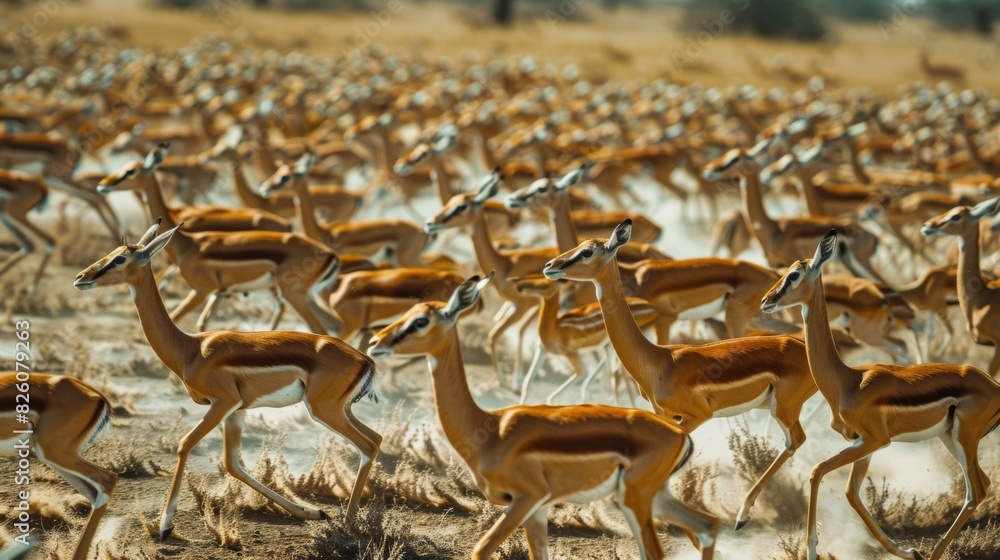 Poster a sea of gazelles running in unison across a vast desert their migration driven by the need to find 