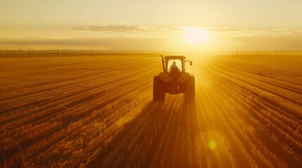 Fototapeta premium Sunset paints a golden masterpiece as a tractor plows the fields, embracing the day's end.