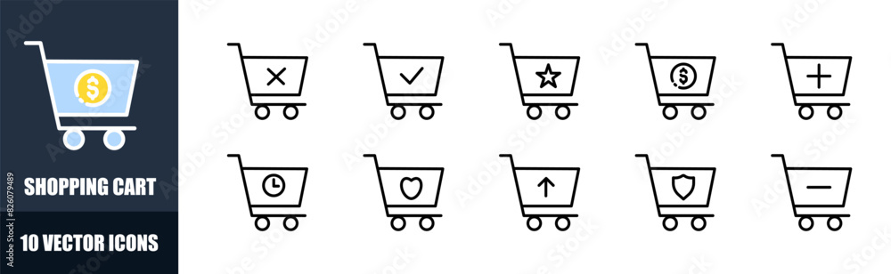 Poster shopping cart icons set. linear style. vector icons
