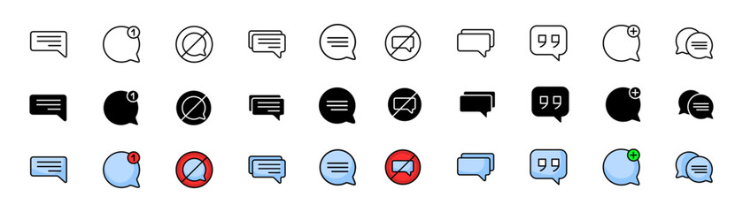 Speech bubble icons collection. Linear, silhouette and flat style. Vector icons