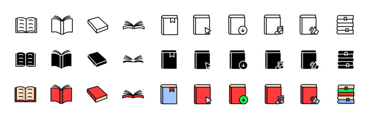 Books icons collection. Reading icons. Linear, silhouette and flat style. Vector icons