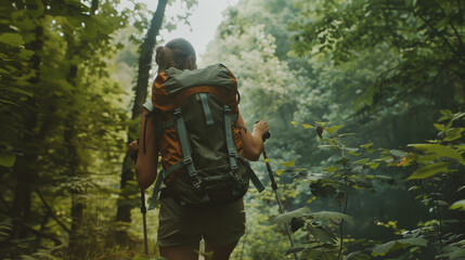 Fototapeta premium Hiker with a backpack trekking through a lush green forest.