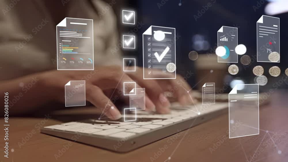 Aufkleber document management concept, businesswomen check electronic documents on digital documents on virtua