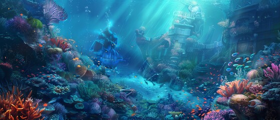 High-angle view of an enchanting fantasy world, blending vibrant coral reefs with mythical underwater realms, photorealistic details, digital painting