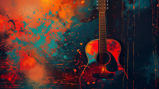 A guitar is painted in a colorful and abstract style, with splatters of paint all over it. Scene is energetic and creative