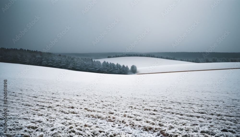 Poster snow-covered hills undulate peacefully with clusters of trees standing resolute against a subdued wi