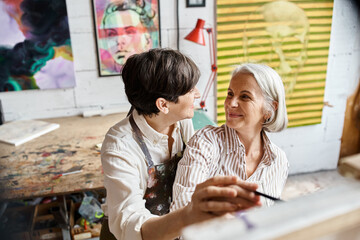 Two women engrossed in viewing an exquisite painting in an art studio.