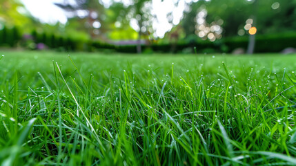 Dew-kissed vibrant green grass close-up with a blurred garden background at sunrise.