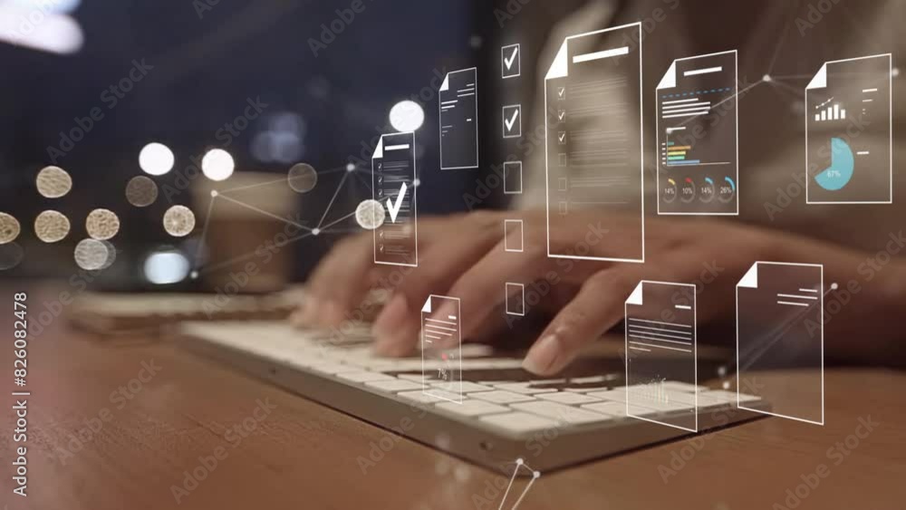 Aufkleber document management concept, businesswomen check electronic documents on digital documents on virtua