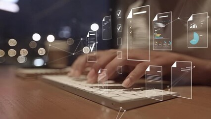 Document management concept, Businesswomen check electronic documents on digital documents on virtual screen Document Management System and process automation to efficiently document paperless operate - Powered by Adobe