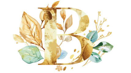 Gold letter B with watercolor leaf. Floral monogram icon