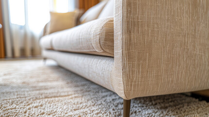 Close-up of a fabric texture on a chic modern sofa in a bright room.