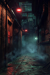 Dark creepy alley at night in the city.