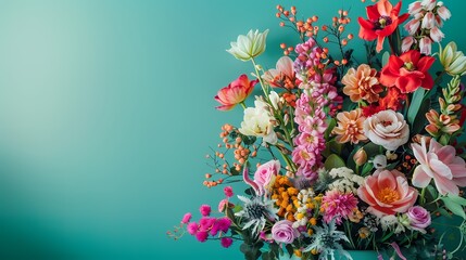 Exquisite floral arrangements in vibrant colors set against a mesmerizing teal background.