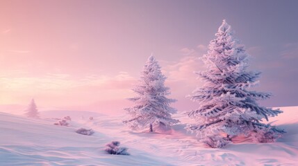 A peaceful winter scene features two snow-covered trees against a backdrop of a pink sky, with a winding path leading through the snow-covered ground.