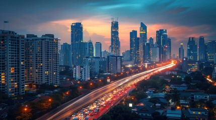 Naklejka premium light flow of traffic on evening highway in a city with modern high building