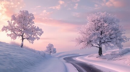 A serene scene features two snow-covered trees standing tall against a beautiful pink sky. A path winds gently through the snow,