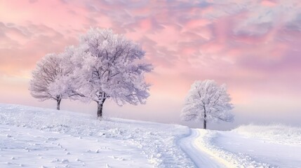 A serene scene features two snow-covered trees standing tall against a beautiful pink sky. A path winds gently through the snow,