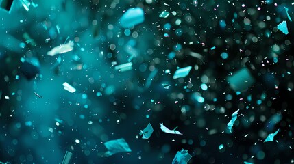 Festive teal-colored confetti raining down against a backdrop of celebration.