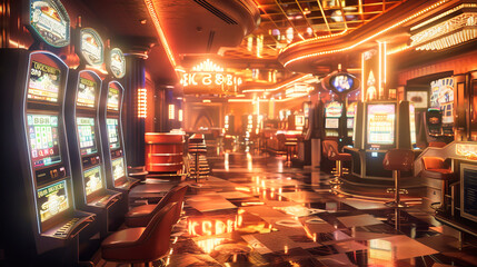 Fototapeta premium A casino with rows of slot machines illuminated by colorful lights