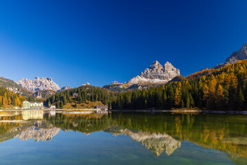 Typical landscape with Tre Cime, Tre Cime di Lavaredo, Dolomiti, South Tyrol, Italy