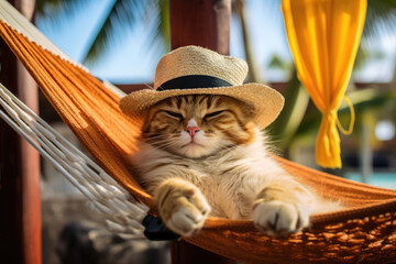 Adorable cat relaxing comfortably in hammock, wearing stylish straw hat with black ribbon. Tropical place with palm trees and bright sunny atmosphere