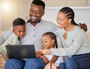 Black family, laptop and kids on sofa for video, together and streaming on internet for love or...