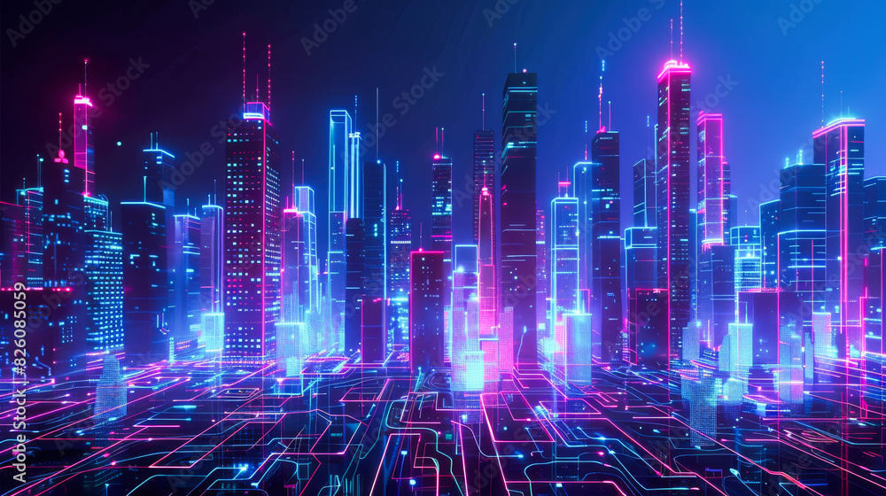 Poster a digital cityscape with holographic elements and circuit patterns