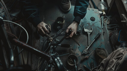 Hands expertly repairing a bike with myriad tools scattered.