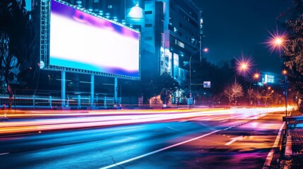 Blank billboard mockup on a busy street at night, surrounded by the lively motion of car light trails. Perfect for creating impactful and engaging advertisements.