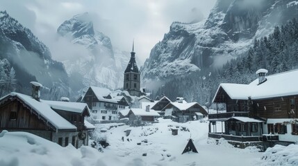 Fototapeta premium In the heart of snowy mountains, this village offers a serene and picturesque escape. The snow-covered peaks add to its idyllic winter charm.