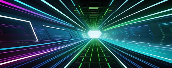 abstract illustration of sci-fi gaming background with neon blue and green theme, background of tunnel