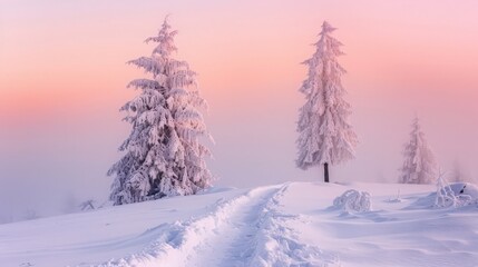 In this serene winter setting, two snow-covered trees are silhouetted against a pink sky, with a path leading through the pristine snow