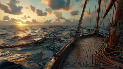 Sailing into the sunset, a classic yacht cuts through ocean waves.