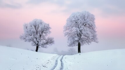In this serene winter setting, two snow-covered trees are silhouetted against a pink sky, with a path leading through the pristine snow