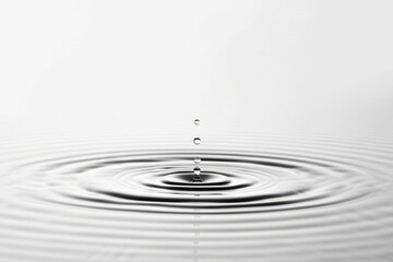 Clear water droplets creating concentric ripples on a calm surface. Monochromatic, minimalistic design, copy space. Purity, simplicity, tranquility, balance, zen concept. Serene scene. 